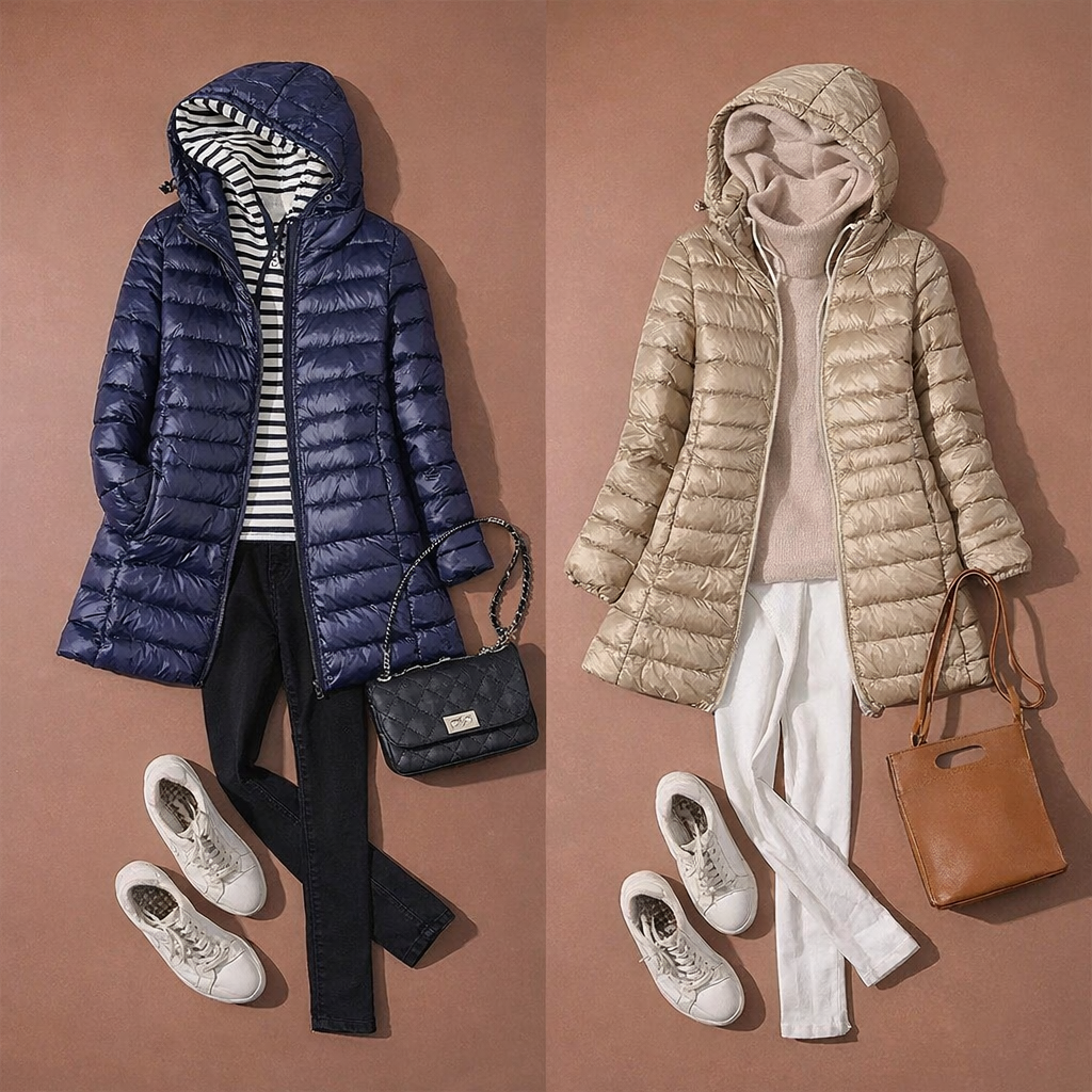 优款轻薄羽绒服女士中长款连帽修身白鸭绒保暖大码外套2026冬新款
