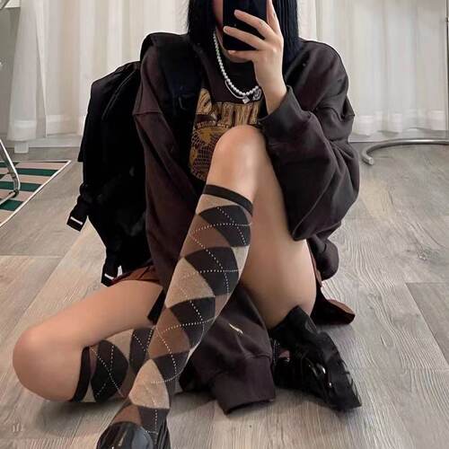 复古jk菱格袜子女网红袜英伦及膝