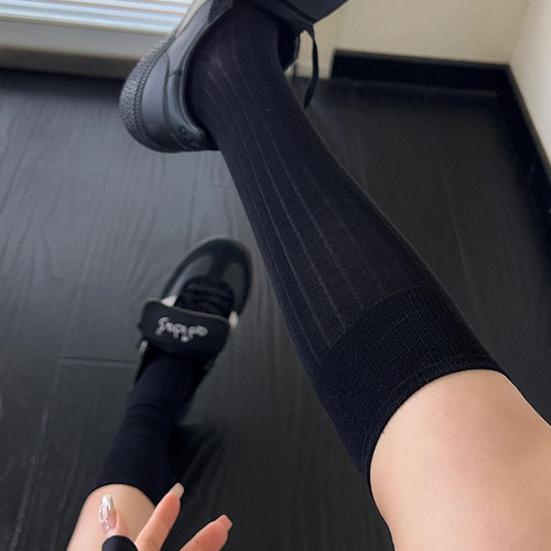 黑色走秀款小腿袜女薄棉中长筒