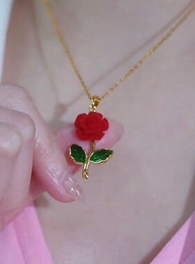 时尚红色丝绒玫瑰花吊坠项链女