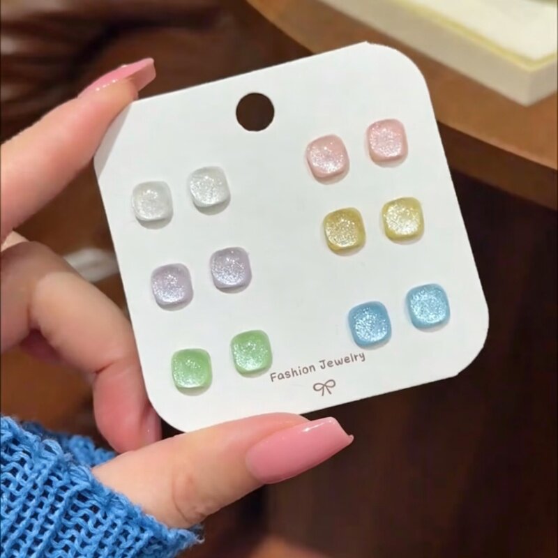 炫彩星空小方糖耳钉女六件套耳环
