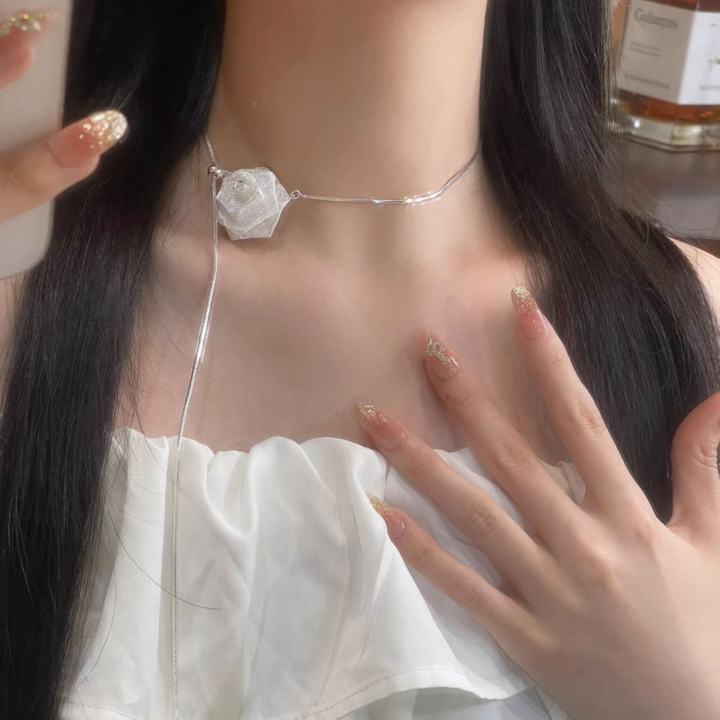 超仙网纱玫瑰花朵项链女可抽拉调节长款锁骨链气质高级感颈链配饰