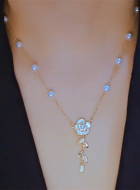 夏季新款白色山茶花流苏项链女