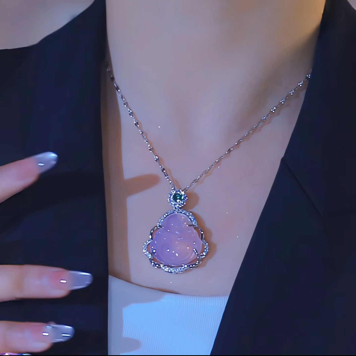 新中式粉色大肚佛吊坠项链女