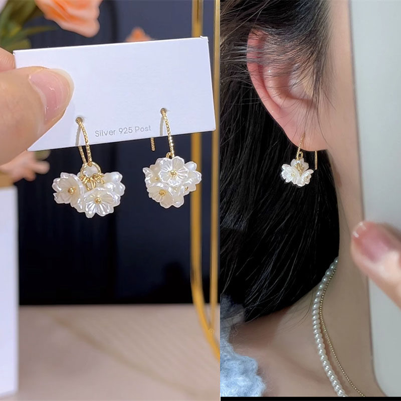 超仙清新白色花朵流苏耳挂耳环女