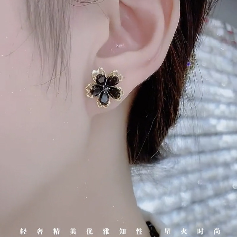 精致黑色锆石花朵耳环女纯银耳钉