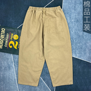 日系复古纯棉休闲裤男秋季美式复古宽松直筒卡其九分裤纯色美式裤