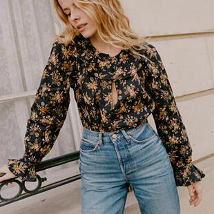 DOEN美国代购 JAMIE 法式复古碎花苎麻宽松长袖上衣衬衫(现XS、S