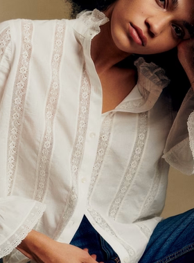 Sezane美国代购LISE法式蕾丝刺绣衬衫 长袖喇叭袖上衣