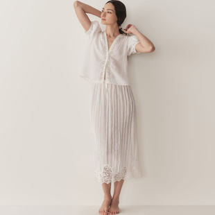 DOEN美国代购 BRIGITTA镂空蕾丝钩编棉麻上衣 泡泡袖V领衬衫(现货