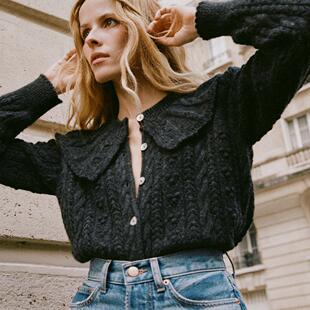 DOEN NERINA 美国代购 大翻领毛衣 羊毛混纺粗棒针钩编针织开衫