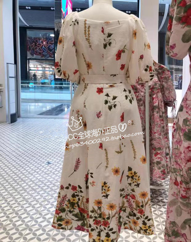 泡泡袖中长连衣裙亚麻印花图片