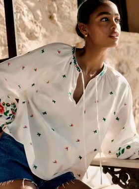 Sezane美国代购AQUILA 刺绣有机棉长袖上衣 系带宽松衬衫（现货