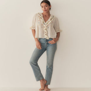 DOEN美国代购HETTIE法式荷叶边刺绣短袖上衣泡泡袖衬衫(现货