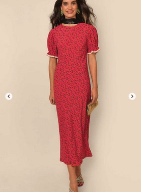 现货  独家款RIXO VENICE RED DITSY红色花卉泡泡断袖女士连衣裙