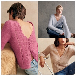 国内现货  sezane  Angelo超温柔软羊毛镂空针织开衫 大V领毛衣