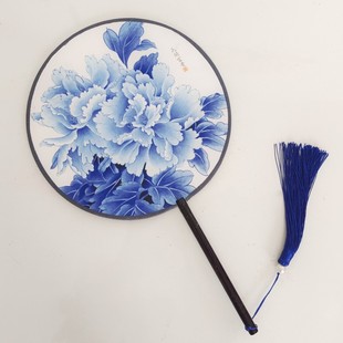 青花瓷扇子团扇宫扇舞蹈扇女童汉服双面圆形古典女式 表演拍照道具