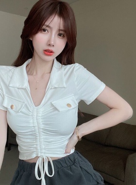 辣妹小心机白色抽绳短款高腰短袖t恤修身显瘦上衣女