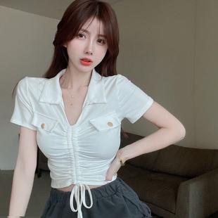 显瘦上衣女 t恤修身 辣妹小心机白色抽绳短款 高腰短袖