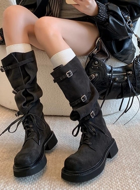 2025春秋新款法式圆头粗跟短靴女厚底马丁靴女机车帅酷炸街靴