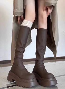 厚底松糕不过膝长靴女2025秋冬新款时尚褶皱堆堆靴高筒弹力瘦瘦靴