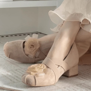 交叉松紧带温柔复古芭蕾粗跟鞋 内增高7cm新款 小个子山茶花单鞋