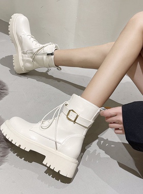 新款马丁靴女中筒显腿细英伦风百搭机车靴厚底侧拉链单靴