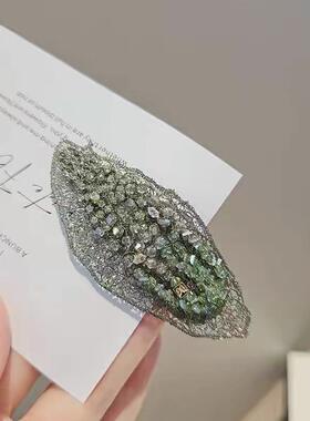 手工编织BB夹工艺水晶绿叶发夹