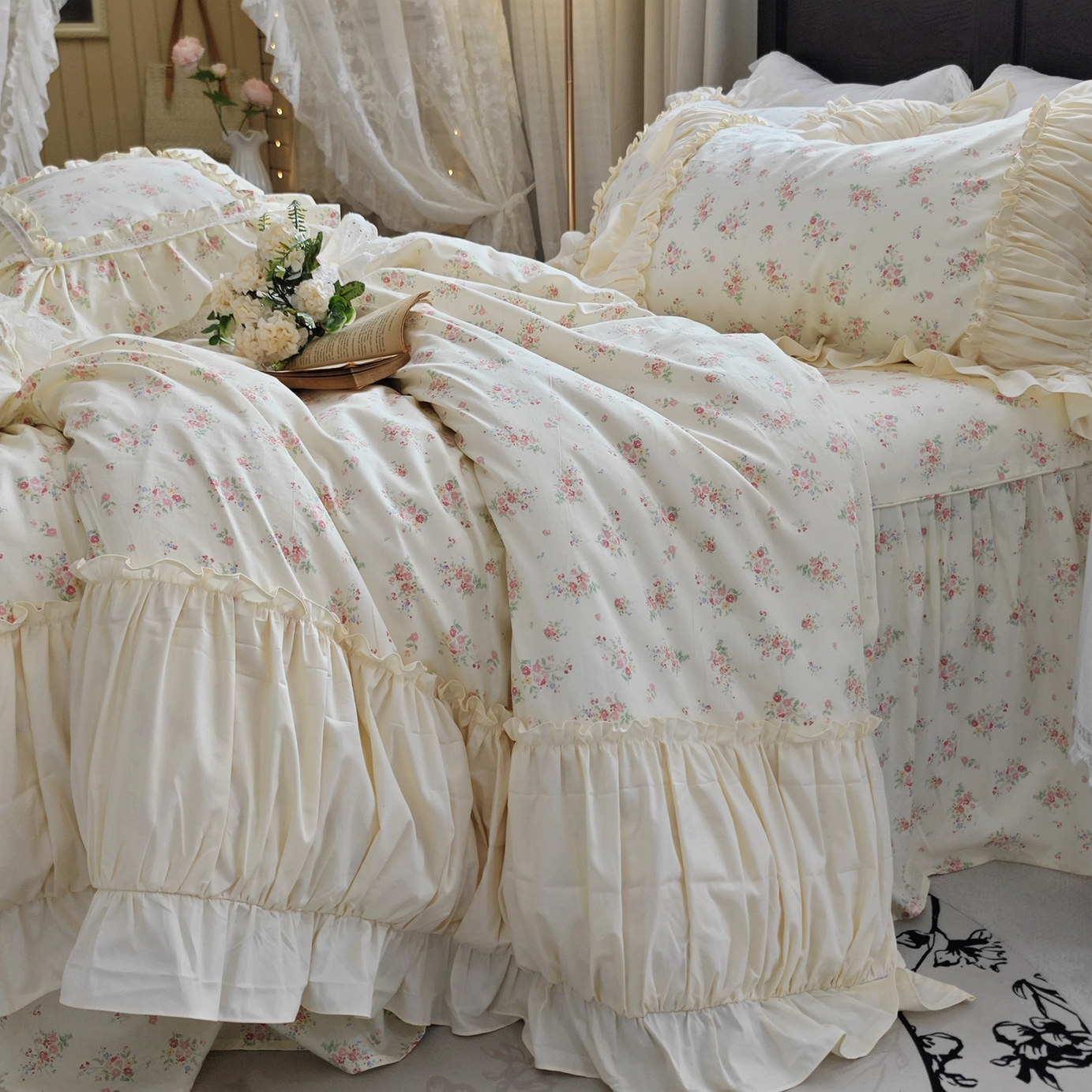 法式韩式公主风田园小碎花手工褶皱纯棉床裙款床上用品被套四件套