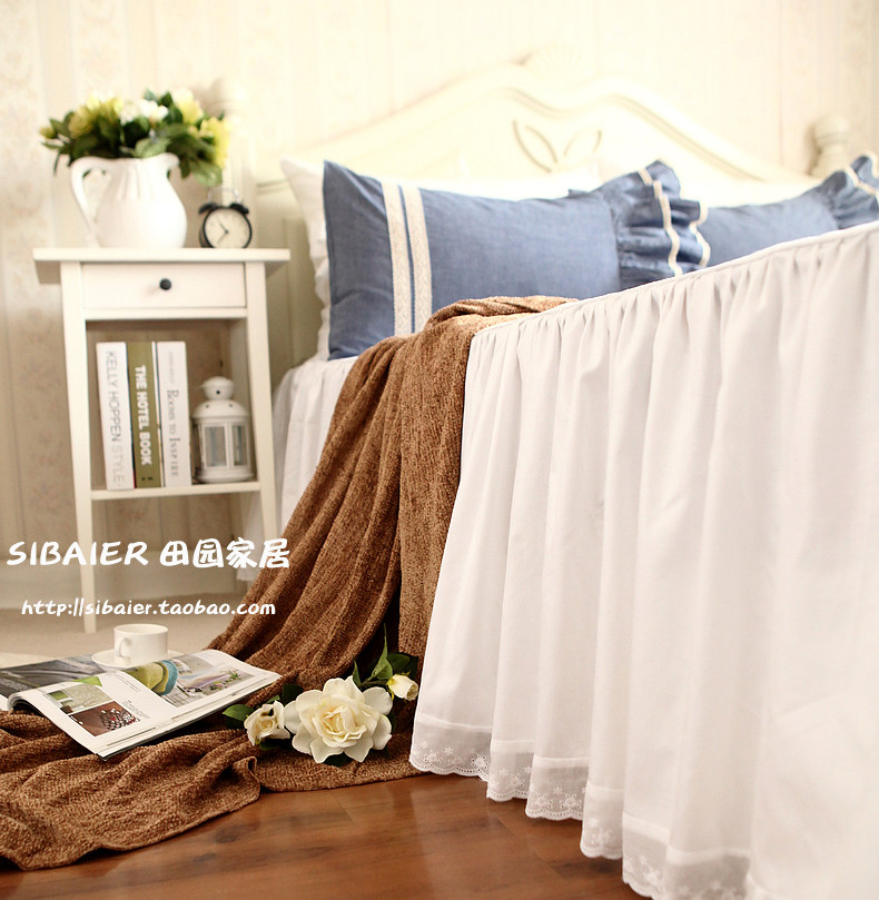 韩版百搭款白色绣花蕾丝贡缎纯棉裙式单双人全棉单件床裙床罩床单