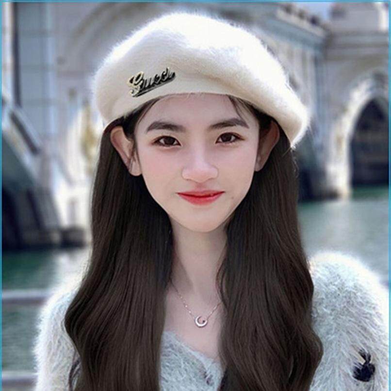韩版潮时尚洋气兔毛帽子洋气兔毛贝雷帽亮钻秋冬天保暖女帽大小码
