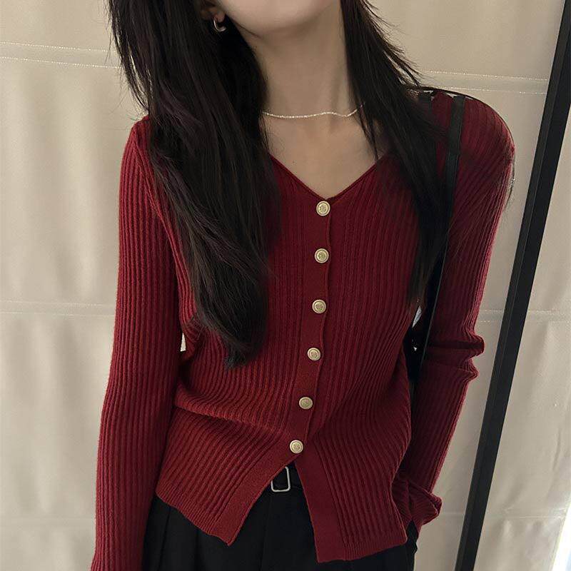 女秋季女款毛针织衫红色毛衣