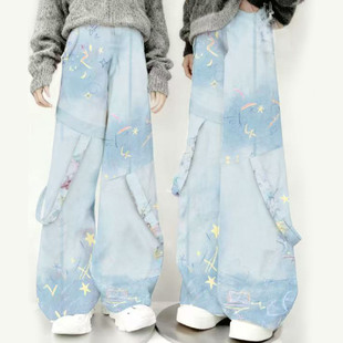 复古蓝直筒牛仔裤女冬季加绒加厚显瘦梨形身材宽松阔腿裤 男女款