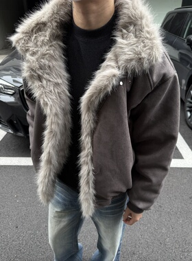 韩国街头风复古做旧麂皮绒座山雕加绒加厚棉服男女宽松毛领外套潮