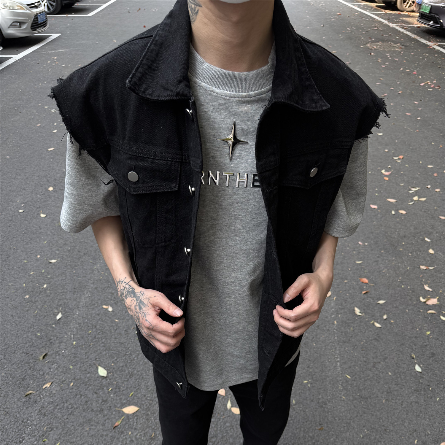 LEFT7 黑色毛边boxy短款牛仔马甲男无袖坎肩水洗工装美式复古外套