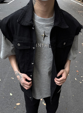 LEFT7 黑色毛边boxy短款牛仔马甲男无袖坎肩水洗工装美式复古外套