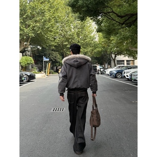 05PSYT 重磅加绒加厚boxy短宽棉服男秋冬刺绣连帽外套 狮王座山雕