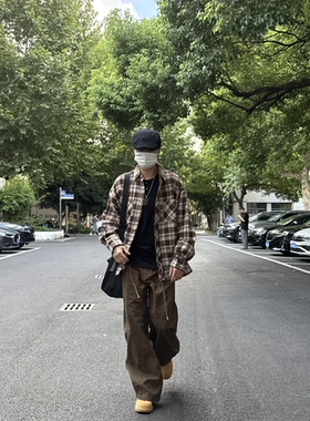 05PSYT韩国复古咖啡色磨毛格子衬衫男秋季美拉德叠穿格纹长袖衬衣