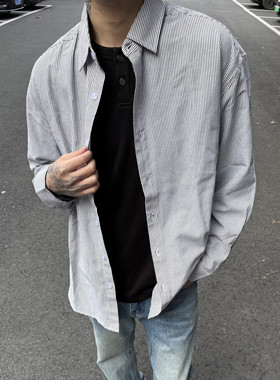 LEFT7 黑白条纹春季长袖衬衫男士休闲外套潮牌痞帅内搭衬衣百搭款