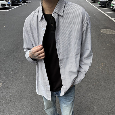 LEFT7 黑白条纹春季长袖衬衫男士休闲外套潮牌痞帅内搭衬衣百搭款