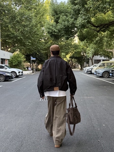 05PSYT韩国cleanfit短款 宽拉链皮标夹克boxy翻领纯色男飞行员外套