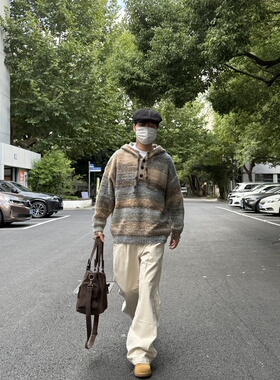 韩国复古秋冬百搭宽松连帽针织衫彩虹撞色三粒扣慵懒毛衣外套男女