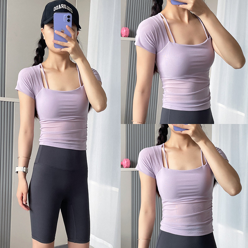 瑜伽服女夏带胸垫短袖T恤运动上衣网纱气质显瘦普拉提训练健身服,运动服/休闲服装,健身衣,淘宝优惠券,粉丝福利购,淘宝优惠卷