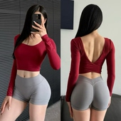 带胸垫美背瑜伽服女安可拉红显瘦健身上衣普拉提训练运动方领长袖