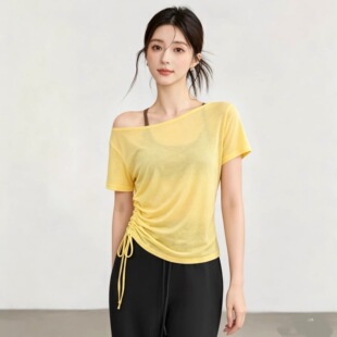 一字领夏季宽松瑜伽罩衫女慵懒罩衫透气速干运动健身休闲短袖T恤