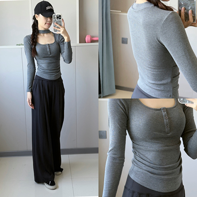 带胸垫瑜伽服女秋冬新款跑步运动上衣挂脖紧身普拉提训练健身长袖