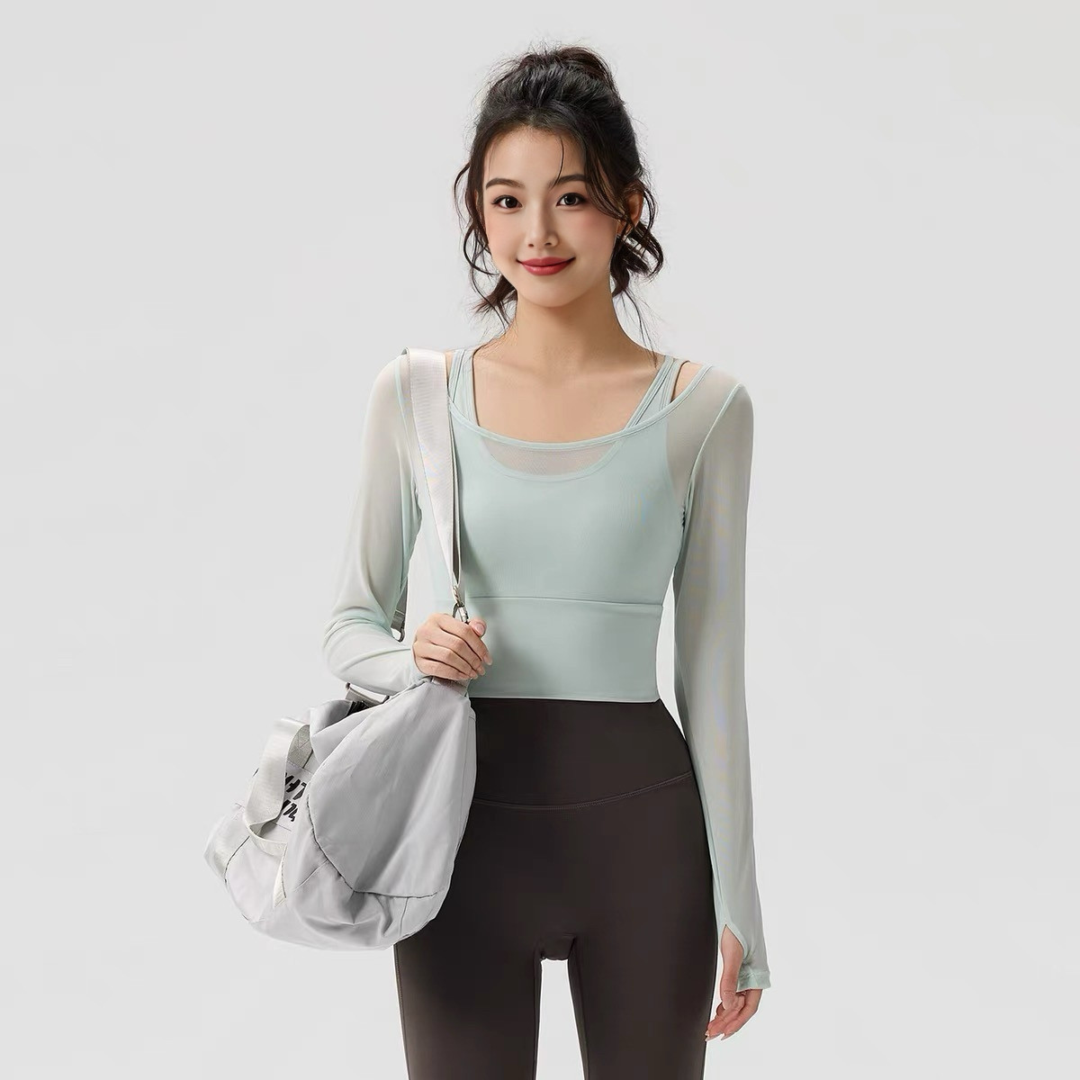 洋白菜网纱瑜伽服女带胸垫紧身显瘦运动上衣跑步训练健身服长袖新