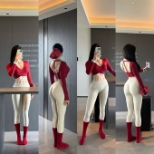 性感深V健身服女秋冬运动瑜伽健身长袖 短款 显腰美背上衣带胸垫