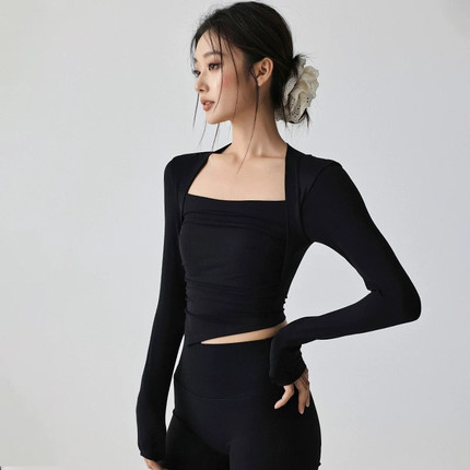 秋冬固定胸垫瑜伽服女紧身显瘦运动长袖上衣跑步健身普拉提训练服