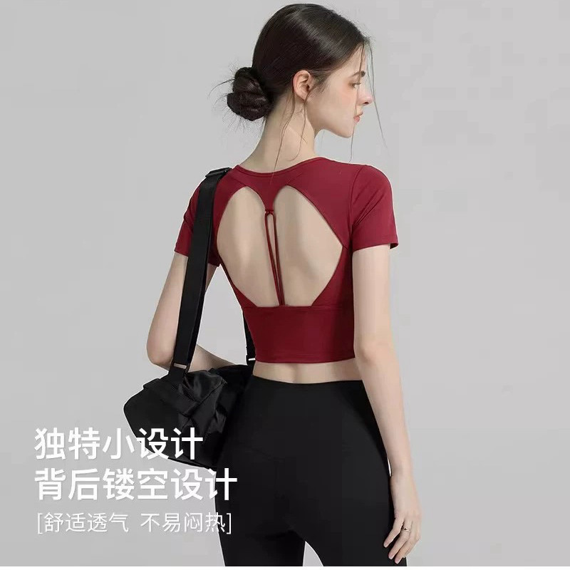 带胸垫运动短袖女露背镂空美背瑜伽服吸湿排汗紧身普拉提健身上衣
